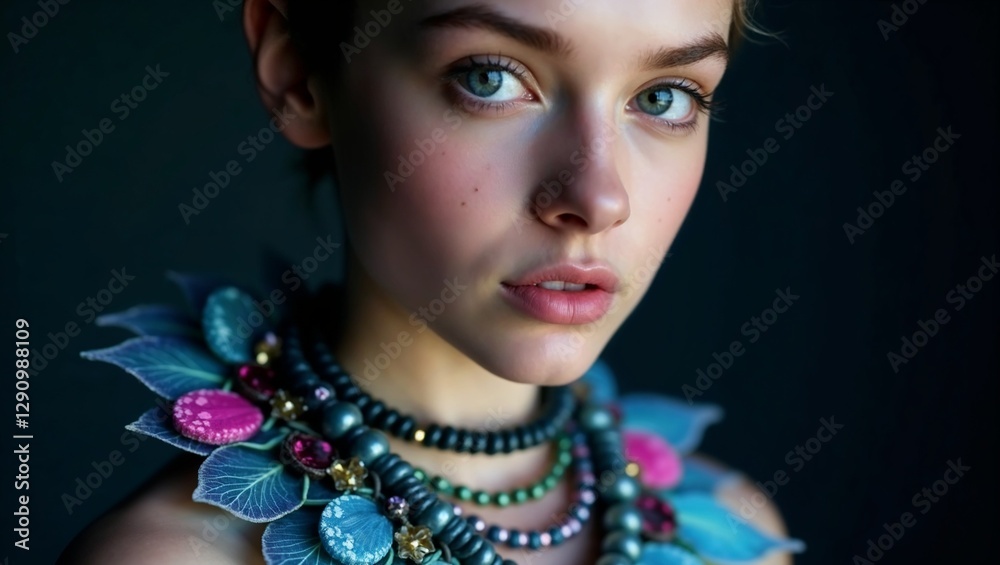 Fototapeta premium Close-up portrait of a young model with an intricate multicolored necklace against a dark gradient background