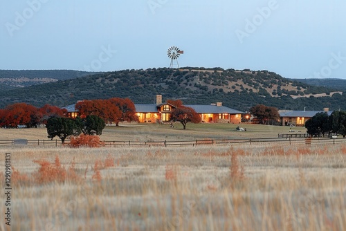 A serene ranch landscape at dusk, showcasing a spacious estate surrounded by rolling hills and trees, with warm lights illuminating the building.