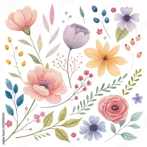 Wallpaper Mural Soft Pastel Watercolor Floral Bouquet on Light Background Torontodigital.ca