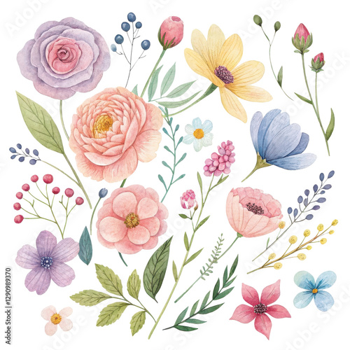Wallpaper Mural Soft Pastel Watercolor Floral Bouquet on Light Background Torontodigital.ca