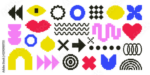 Set with different geometric pixel shapes for design.Trendy geometric brutalism forms, pixel art, y2k style. Simple shapes forms, symbols in bauhaus style