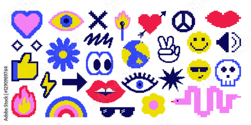 Pixel art stickers set. Template for a set of stickers, greeting cards, posters, planners. Vector collection of pixel illustration 