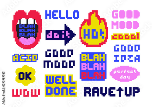 Pixel art stickers set. Template for a set of stickers, greeting cards, posters, planners. Vector collection of pixel illustration and quoters