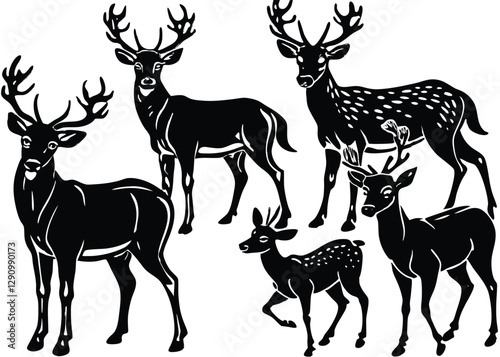 Deer Silhouette set black Vector design, Deer Illustration Vector animal set Design for Printing and Craft Projects.