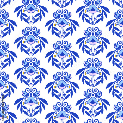 Ornamental seamless pattern, folk art with stylized birds, leaves, flowers in rich blue and yellow colors, vintage design