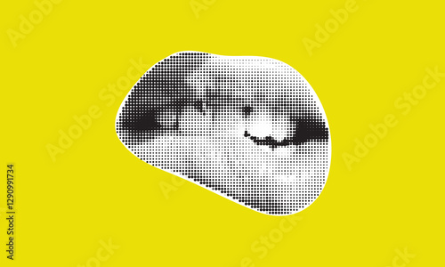 Contemporary art collage with female open mouth. Female halftone lips with tongue and piercing. Creative collage in Y2K style for social media, card, print on clothes. 
