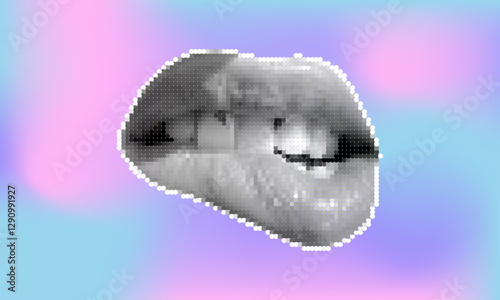 Contemporary art collage with female open mouth. Female halftone lips with tongue and piercing. Creative collage in Y2K style for social media, card, print on clothes. 
