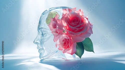 Transparent head sculpture adorned with pink roses, illuminated by soft blue light, symbolizing beauty and serenity photo