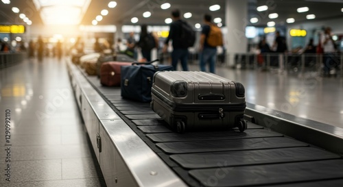 Foto Airport baggage claim conveyor belt with various suitcases