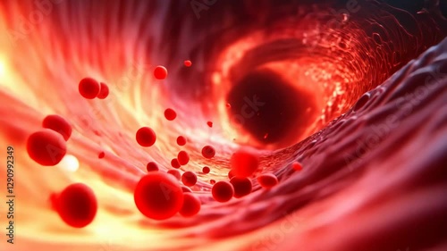 Forward motion through a human artery with floating red blood cells, representing circulation, cardiovascular health, and medical visualization in a microscopic perspective
