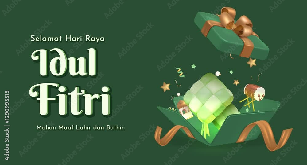 Selamat Idul Fitri Means Happy Eid Mubarak. Eid al Fitr 4K Animation Islamic Footage with Ketupat (Indonesian Rice Cake) and Islamic Decoration in 3D Style