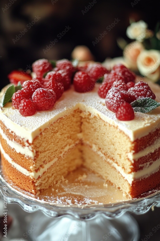A delicious-looking cake with a slice removed, ideal for food and dessert photography A delicious-looking cake with a slice removed, ideal for food and dessert photography