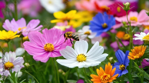 Bee collects nectar from vibrant flowers in a colorful garden blooming with diverse blossoms