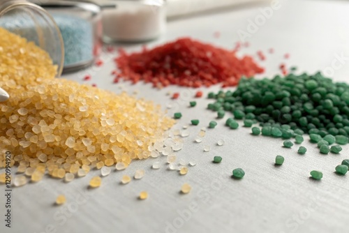 Close-up view of eco-friendly plastic granules on a minimalist table surface, granules, eco conscious, eco friendly plastic granules, green living, plastic photo