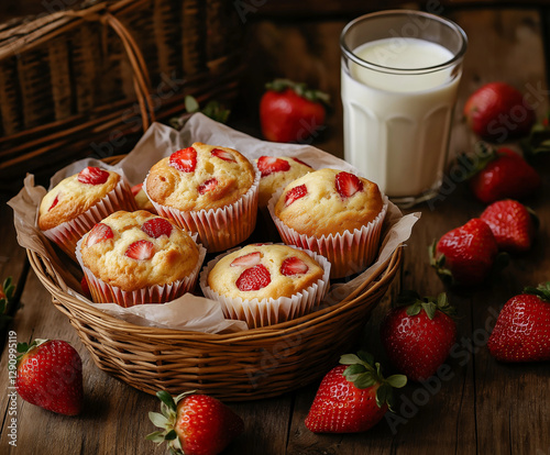 A basket of freshly baked strawberry muffins on a rustic wooden table, surrounded by scattered fresh strawberries and a glass of milk. The muffins have golden tops with visible chunks of red strawberr photo