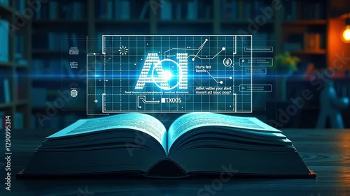 Open book displaying digital AI interface in a cozy library setting with warm lighting and bookshelves
