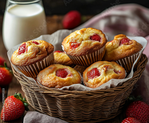 A basket of freshly baked strawberry muffins on a rustic wooden table, surrounded by scattered fresh strawberries and a glass of milk. The muffins have golden tops with visible chunks of red strawberr photo