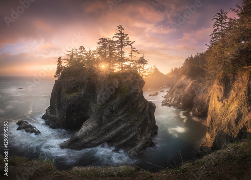 View of dramatic rock formations and serene ocean waves at sunset, Brookings, United States.