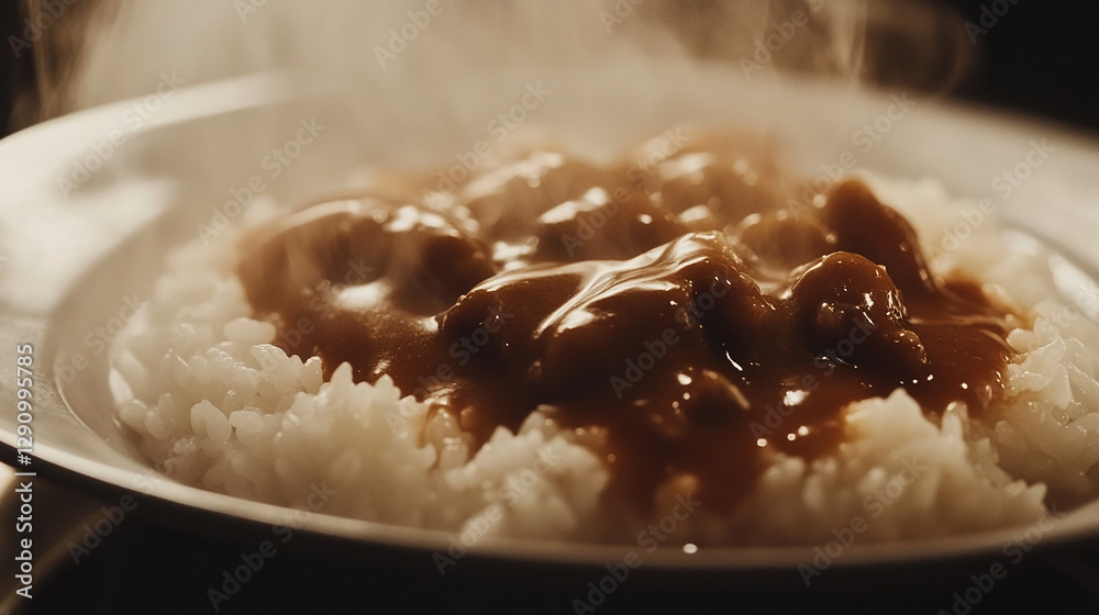 A plate of steaming Japanese curry with thick gloss A plate of steaming Japanese curry with thick gloss