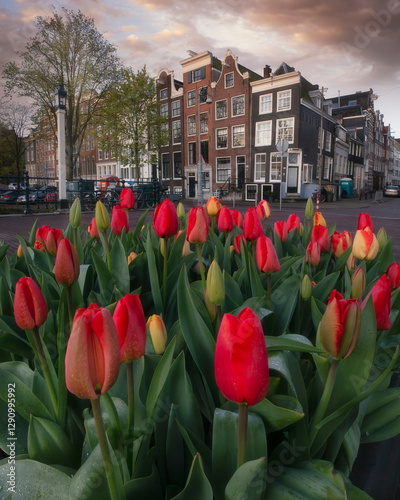 View of tulip festival with colorful flowers and historic buildings along a canal, Amsterdam, The Netherlands. photo