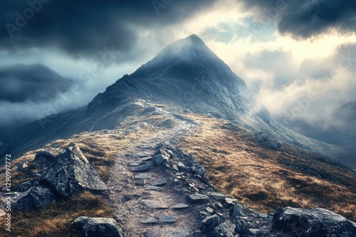 winding rocky path ascends a misty mountain peak dramatic stormy sky rugged terrain bold illustration style adventurous mood earthy tones photo