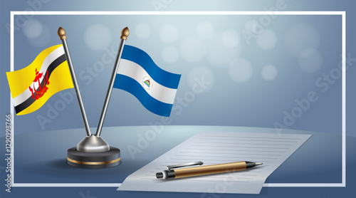 Brunei and Nicaragua National flags on small table with bokeh background, cooperative relationship. Template vector Illustration