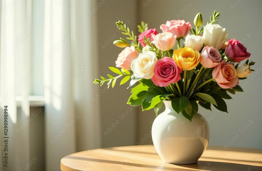 Mother's Day. An elegant vase filled with various colors: roses, lilies and tulips. An empty place for the text. Mother's Day. An elegant vase filled with various colors: roses, lilies and tulips. An empty place for the text.