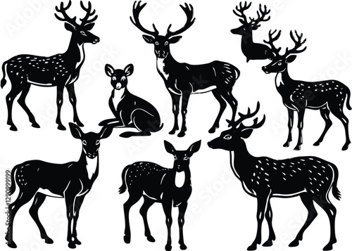Deer Silhouette set black Vector design, Deer Illustration Vector animal set Design for Printing and Craft Projects.