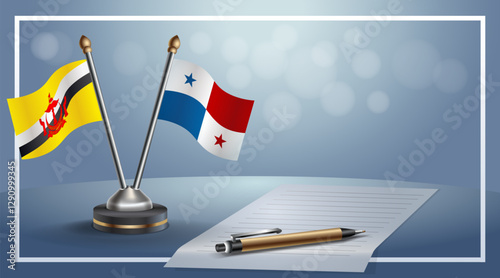Brunei and Panama National flags on small table with bokeh background, cooperative relationship. Template vector Illustration