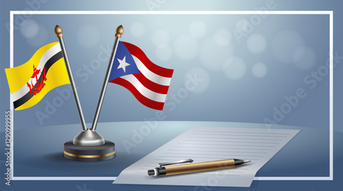 Brunei and Puerto Rico National flags on small table with bokeh background, cooperative relationship. Template vector Illustration