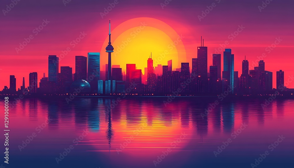 Cityscape with Buildings Under a Sunset and Reflected in Water Cityscape with Buildings Under a Sunset and Reflected in Water