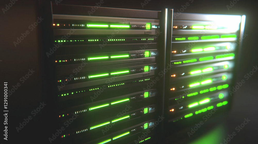 Glowing Green Lights on Server Racks in Dark Data Center Glowing Green Lights on Server Racks in Dark Data Center