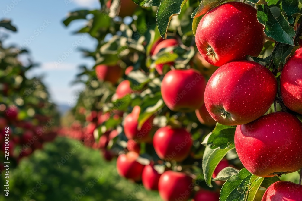 Ripe red apples hanging on orchard trees under a clear blue sky Ripe red apples hanging on orchard trees under a clear blue sky
