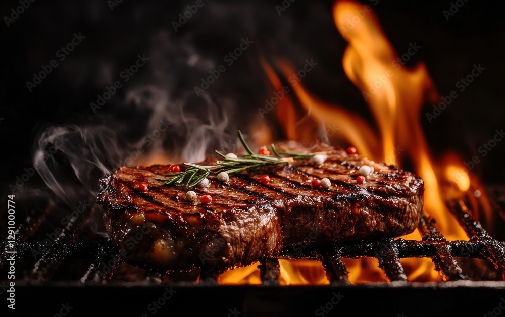Juicy grilled steak with dramatic flames and smoke rising in a dark moody background Juicy grilled steak with dramatic flames and smoke rising in a dark moody background