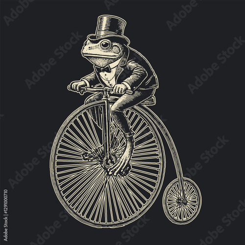 Frog dressed in a tuxedo and top hat rides a retro bicycle vintage style engraving on a dark background hand drawn vector print on a t-shirt