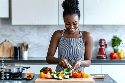 Smiling Black Woman is Coking and Chopping Fresh Vegetables in Modern Kitchen with Striped Apron