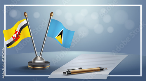 Brunei and ST. Lucia National flags on small table with bokeh background, cooperative relationship. Template vector Illustration