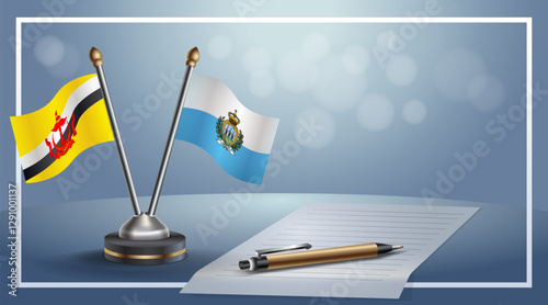 Brunei and San Marino National flags on small table with bokeh background, cooperative relationship. Template vector Illustration