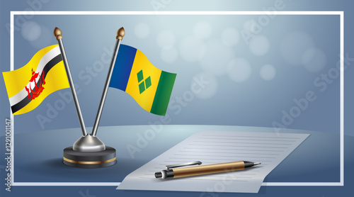 Brunei and ST. Vincent Grenadines National flags on small table with bokeh background, cooperative relationship. Template vector Illustration