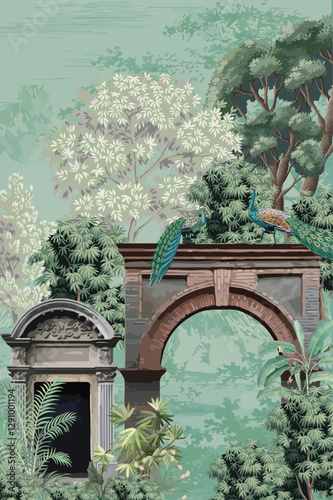 Mughal traditional arch, peacock, garden, birds, watercolor tree and background illustration for wallpaper.