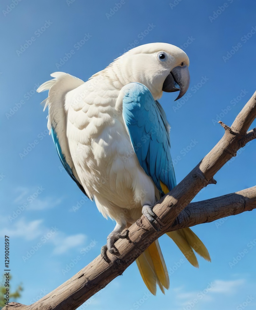 Colorful white parrot perched on a straight wooden branch in a clear blue sky, straight wooden branch, outdoor scenery Colorful white parrot perched on a straight wooden branch in a clear blue sky, straight wooden branch, outdoor scenery