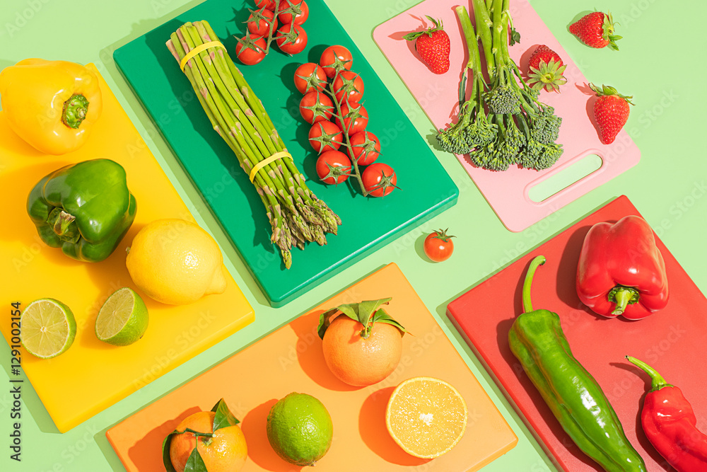 custom made wallpaper toronto digitalFresh fruits and vegetables on colorful cutting boards