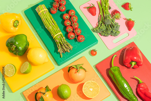 Fresh fruits and vegetables on colorful cutting boards