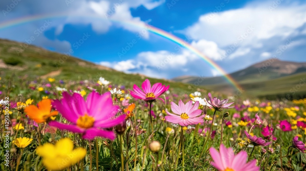 Obraz premium Close-up view of vibrant spring wildflowers under a colorful rainbow in a mountainous landscape