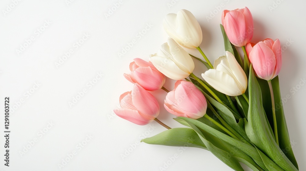 Fototapeta premium Delicate arrangement of soft pastel tulips on a neutral background for spring decoration