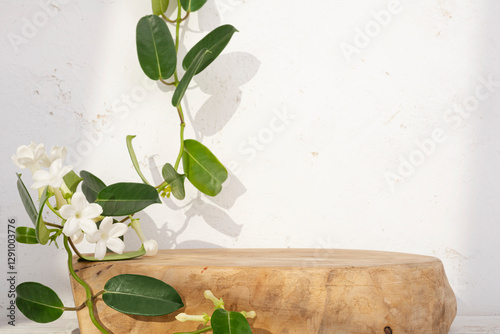 Podium for cosmetic product presentation entwined with green tropical liana plant on abstract plaster texture wall as background photo