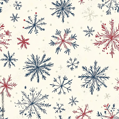 Retro-inspired snowflakes with hand-drawn details and vintage aesthetics seamless pattern design