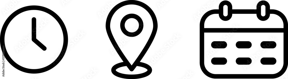 Address, time, and date icon vector. Event elements isolated on transparent background. Clock, pin map location, and calendar symbol