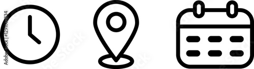 Obraz na płótnie Address, time, and date icon vector. Event elements isolated on transparent background. Clock, pin map location, and calendar symbol w salonie