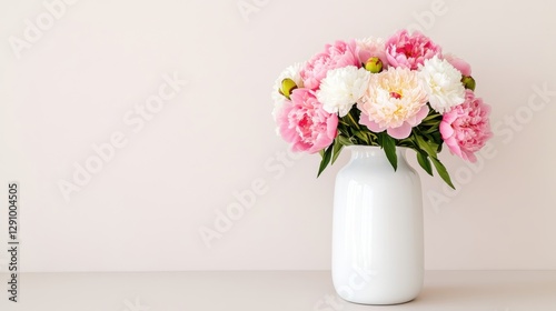 Delicate minimalist flower arrangement showcasing pink and white peonies in a white vase on a neutral background